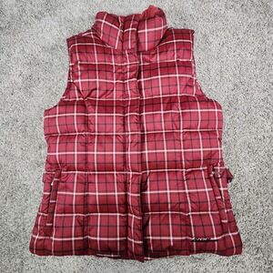 Eddie Bauer Down Puffer Vest Womens Medium Plaid‎ Goose Burgundy Preppy Layering